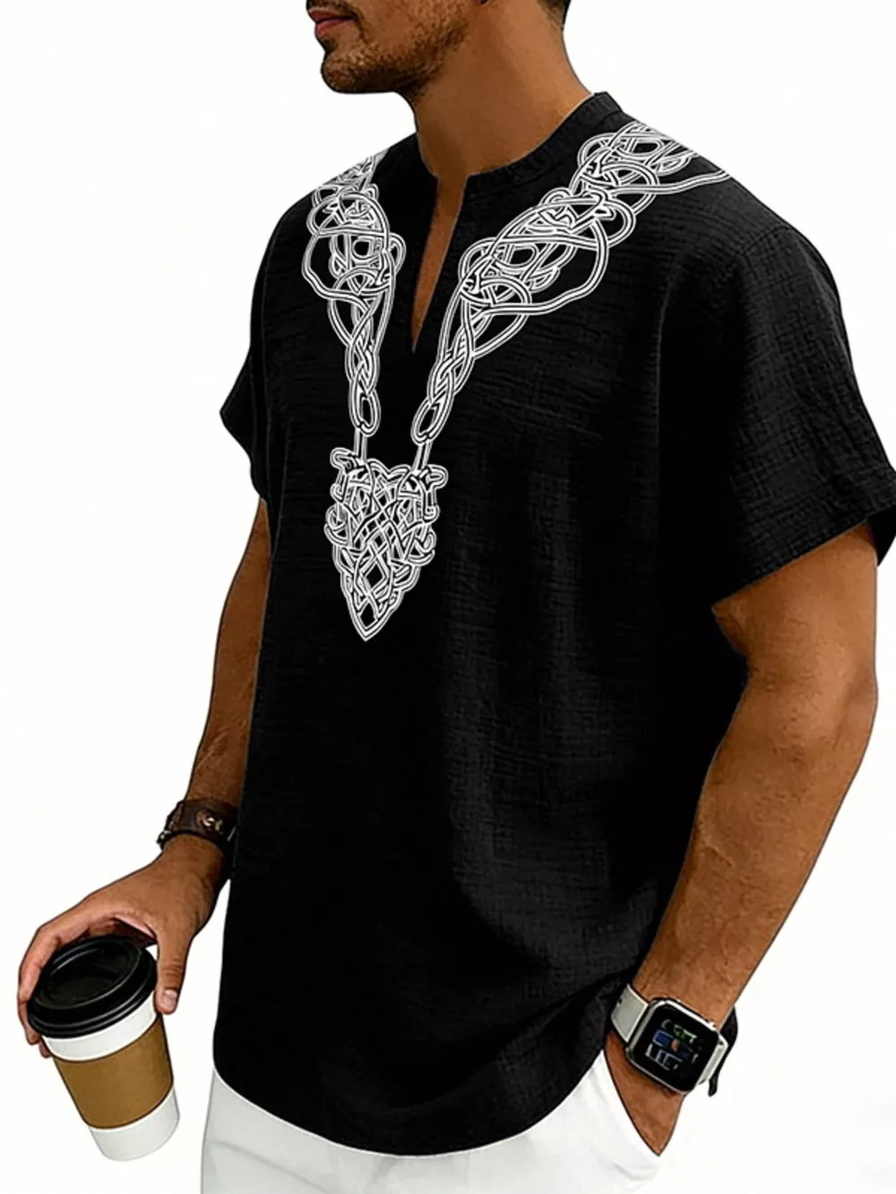 Men's Full Size Notched Printed Short Sleeve Blouse Plus Size, image 3