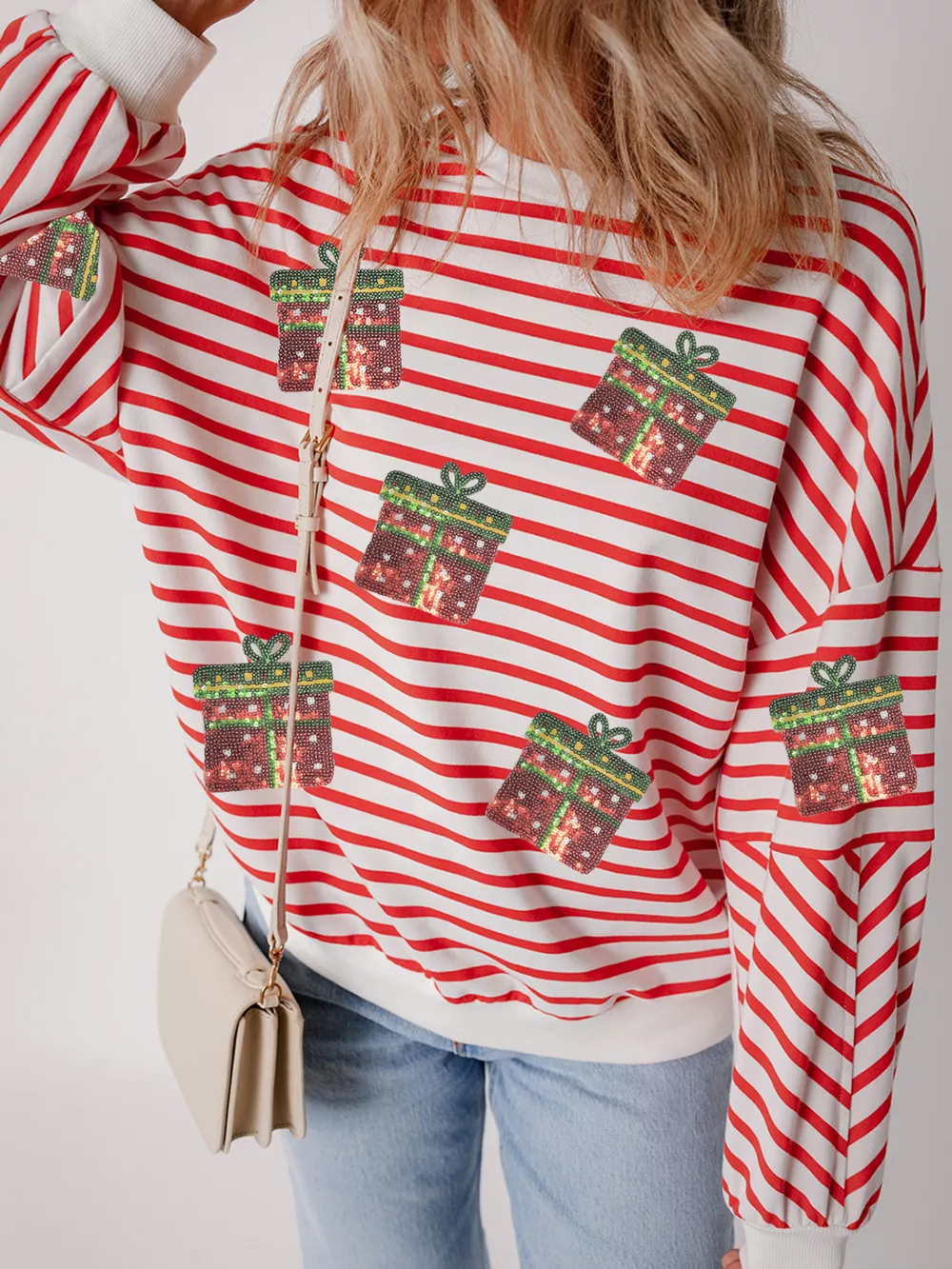 Stripe Sequin Christmas Gift Patched Drop Shoulder Sweatshirt, image 5