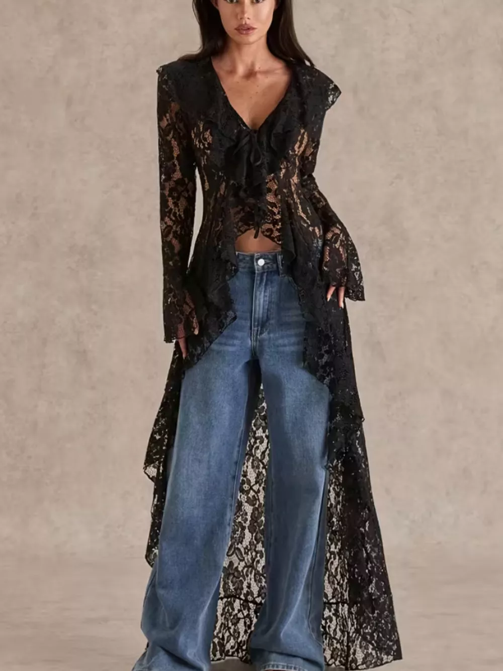 Lace Ruffle Trim High-Low Blouse, image 3