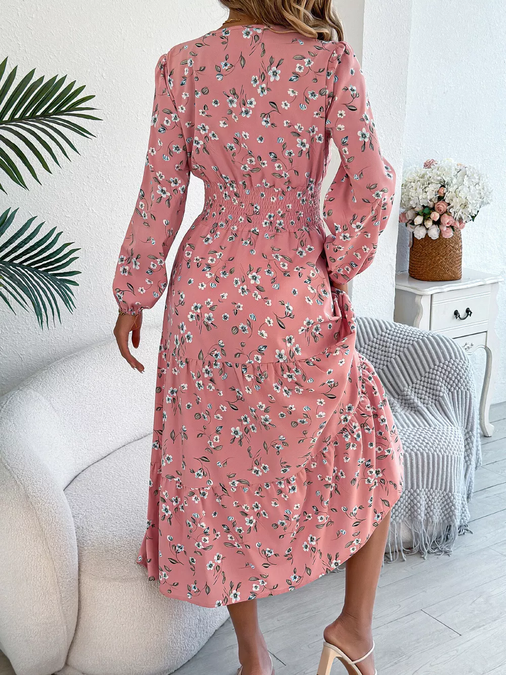 Floral Print Long Sleeve V-Neck Midi Dress, image 15