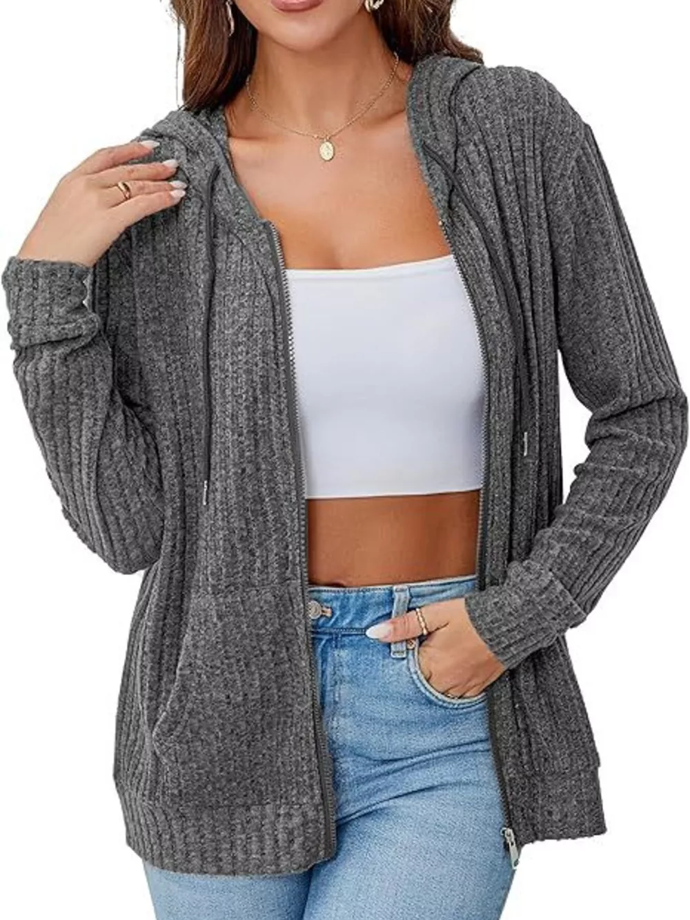 Ribbed Zip Up Hooded Outerwear, image 5