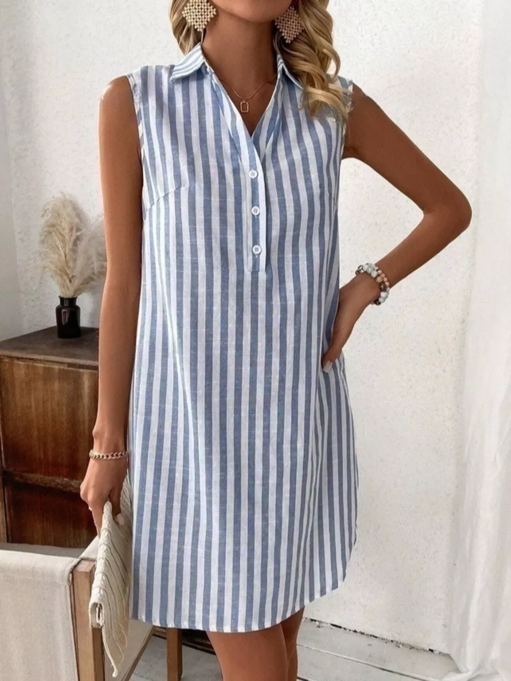 Sleeveless Striped Button Detail Shirt Dress, image 4