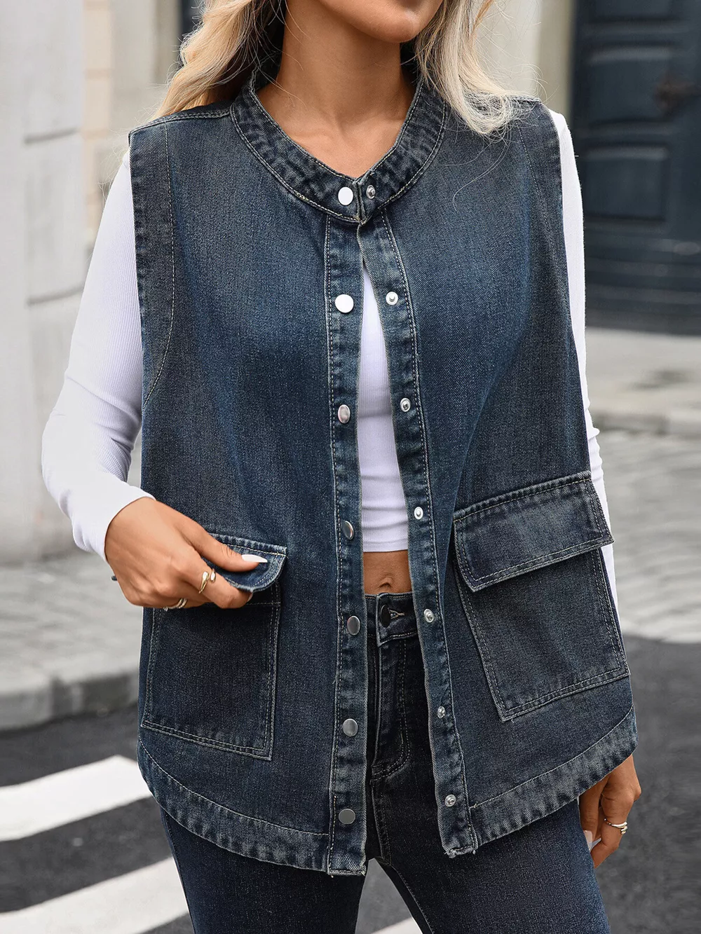 Snap Down Sleeveless Denim Jacket, image 5