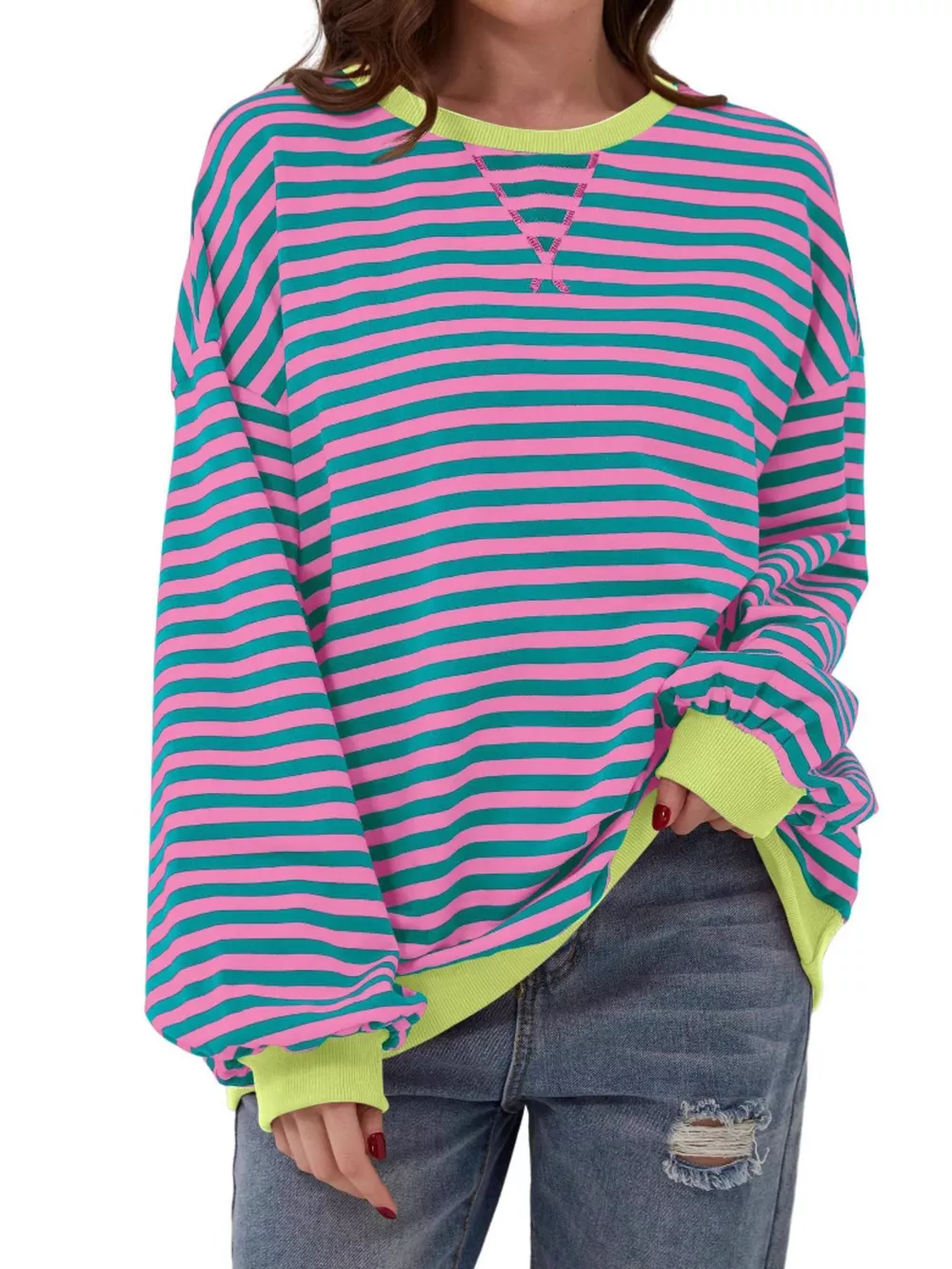 Striped Contrast Trim Oversized Sweatshirt, image 2