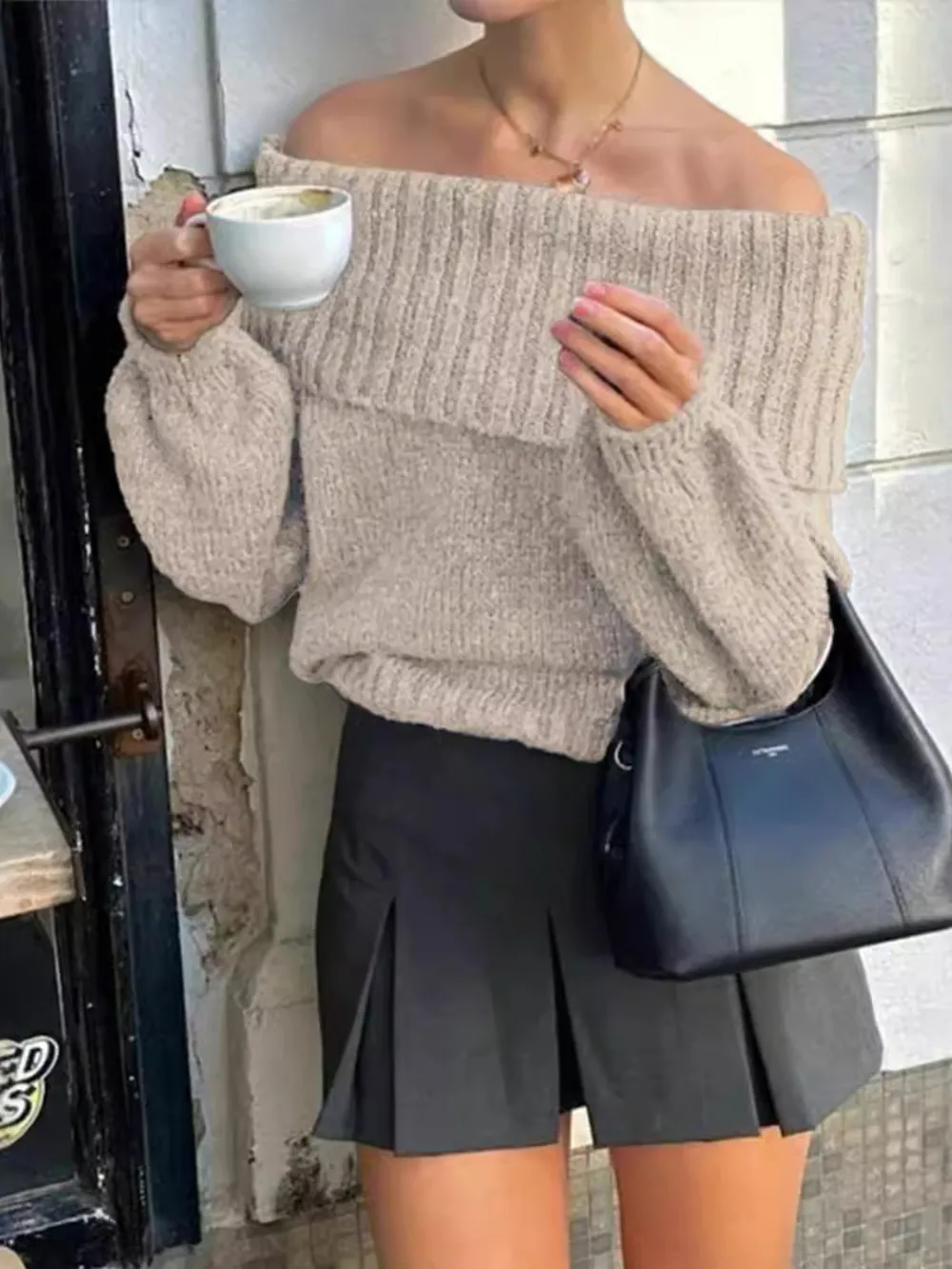 Off-Shoulder Ribbed Long Sleeve Sweater, image 9