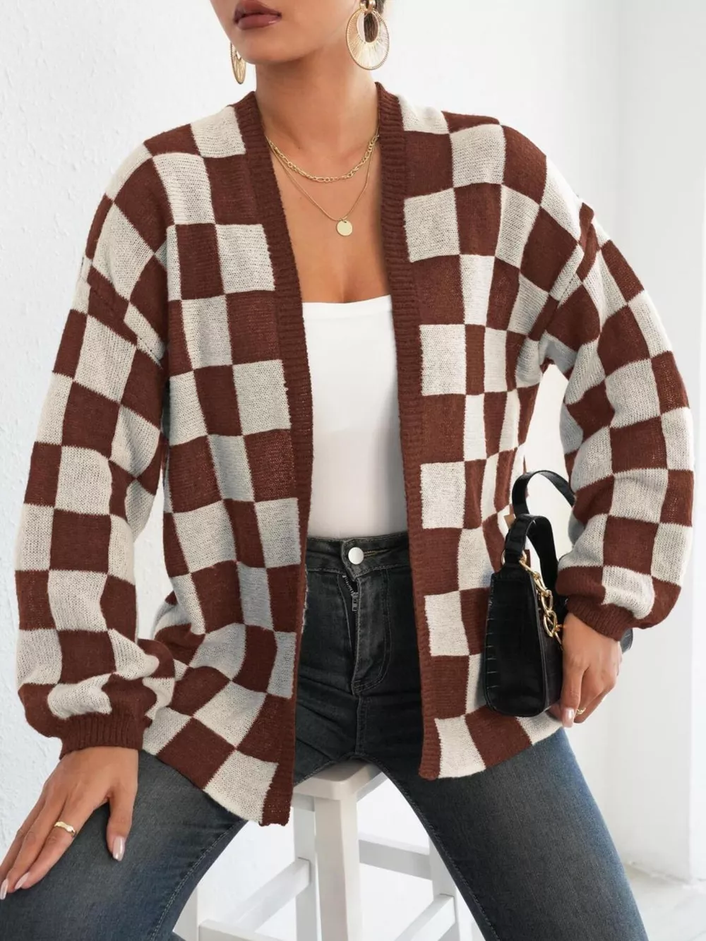 Checkerboard Pattern Open Front Knit Cardigan, image 10