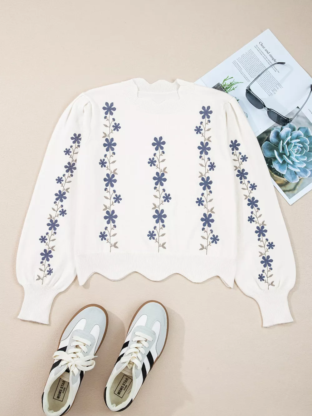 Floral Embroidered Scallop Hem Cropped Sweater, image 6