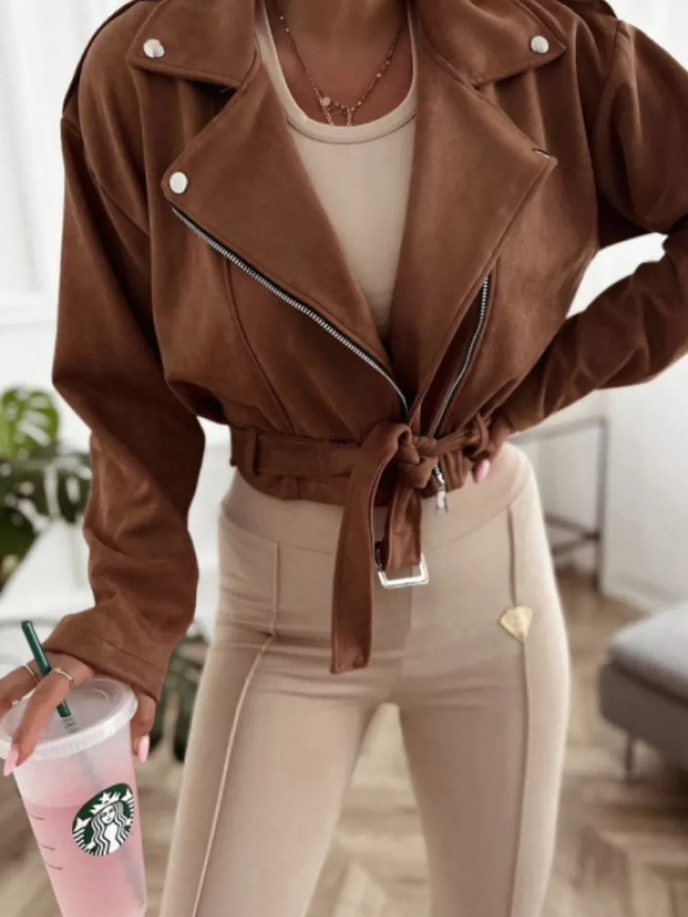 Cropped Biker Jacket with Belt Detail, image 16