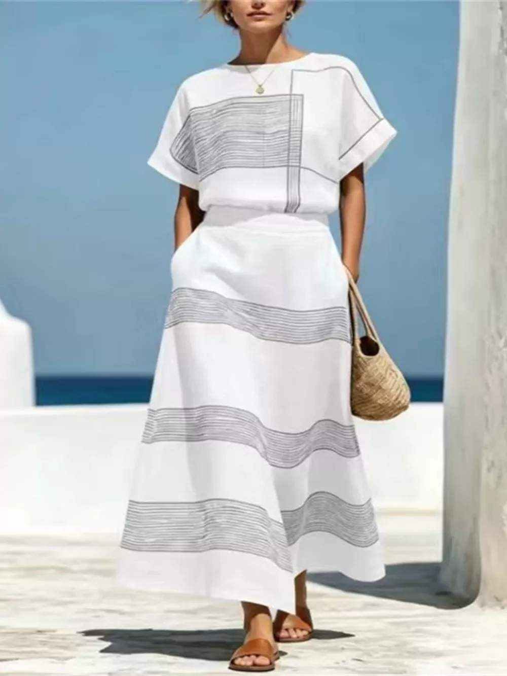Full Size Striped Round Neck Top and Skirt Set Plus Size, image 8