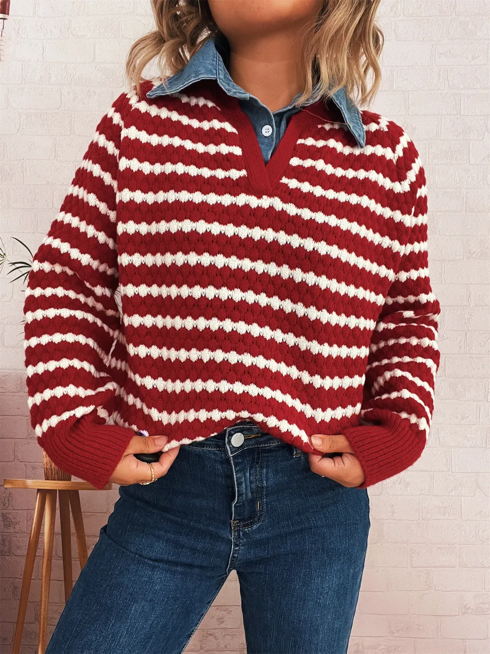Contrast Striped Sweater with Denim Collar, image 9