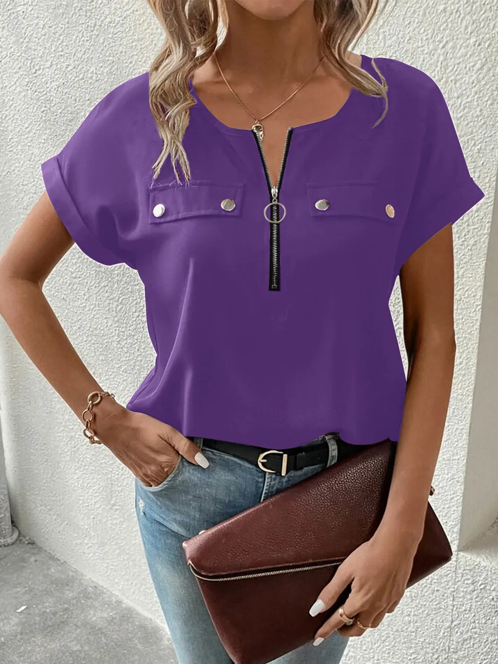 Casual Zipper Front Short Sleeve Blouse, image 11
