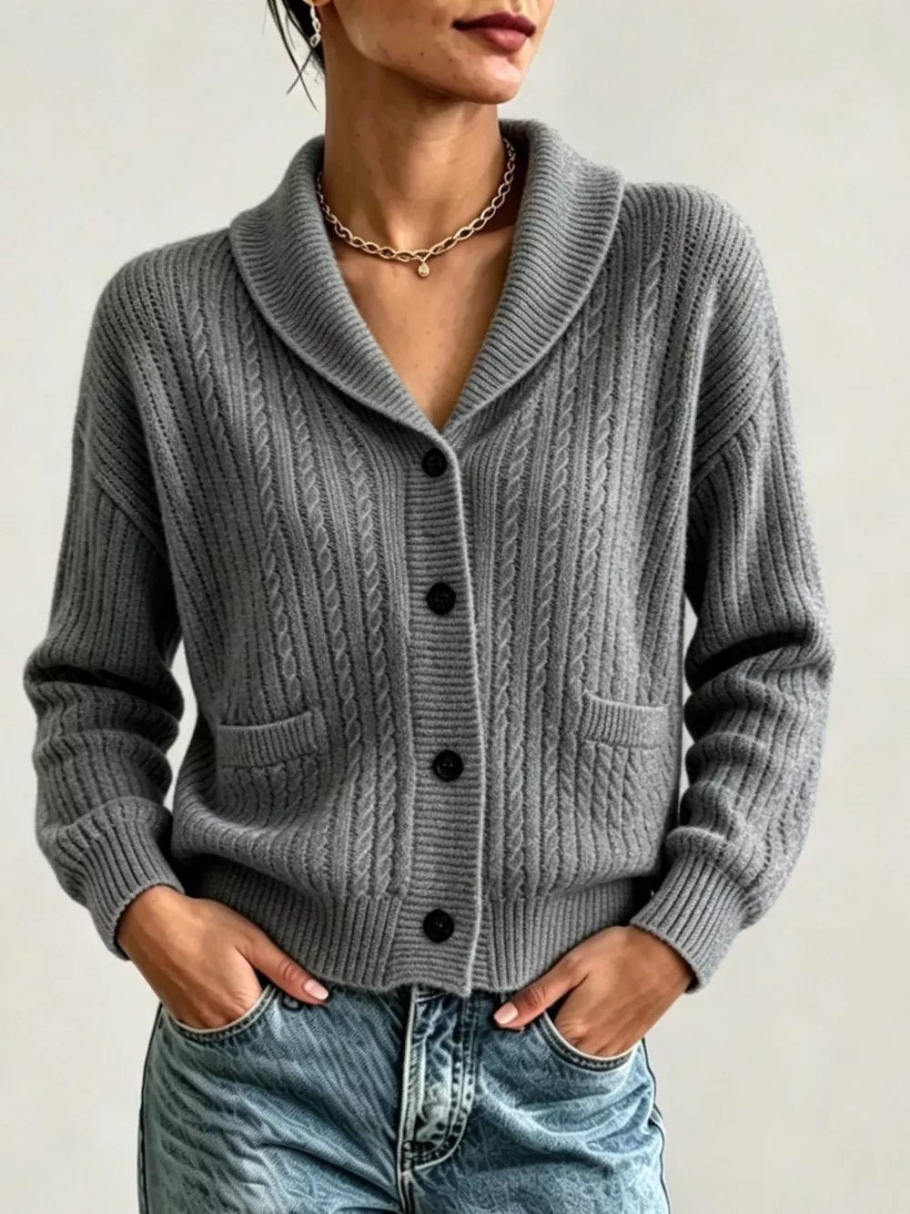 Full Size Shawl Collar Cable Knit Cardigan Plus Size, image 5