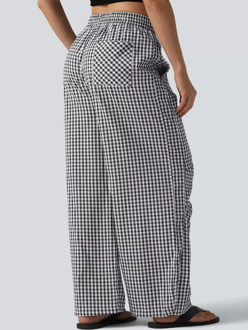 High-Waisted Gingham Wide-Leg Drawstring Pants, image 9