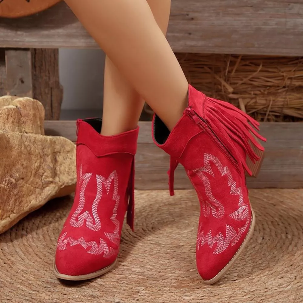 Fringe Point Toe Block Heels Boots, image 6