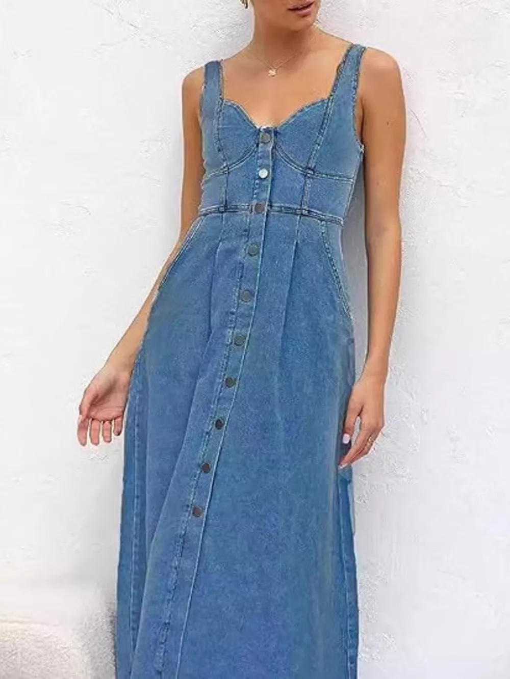 Smocked Back Button Front Denim Midi Dress, image 4
