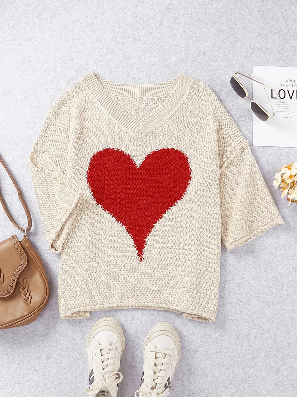V-Neck Dropped Sleeve Heart Print Valentines Sweater, image 11