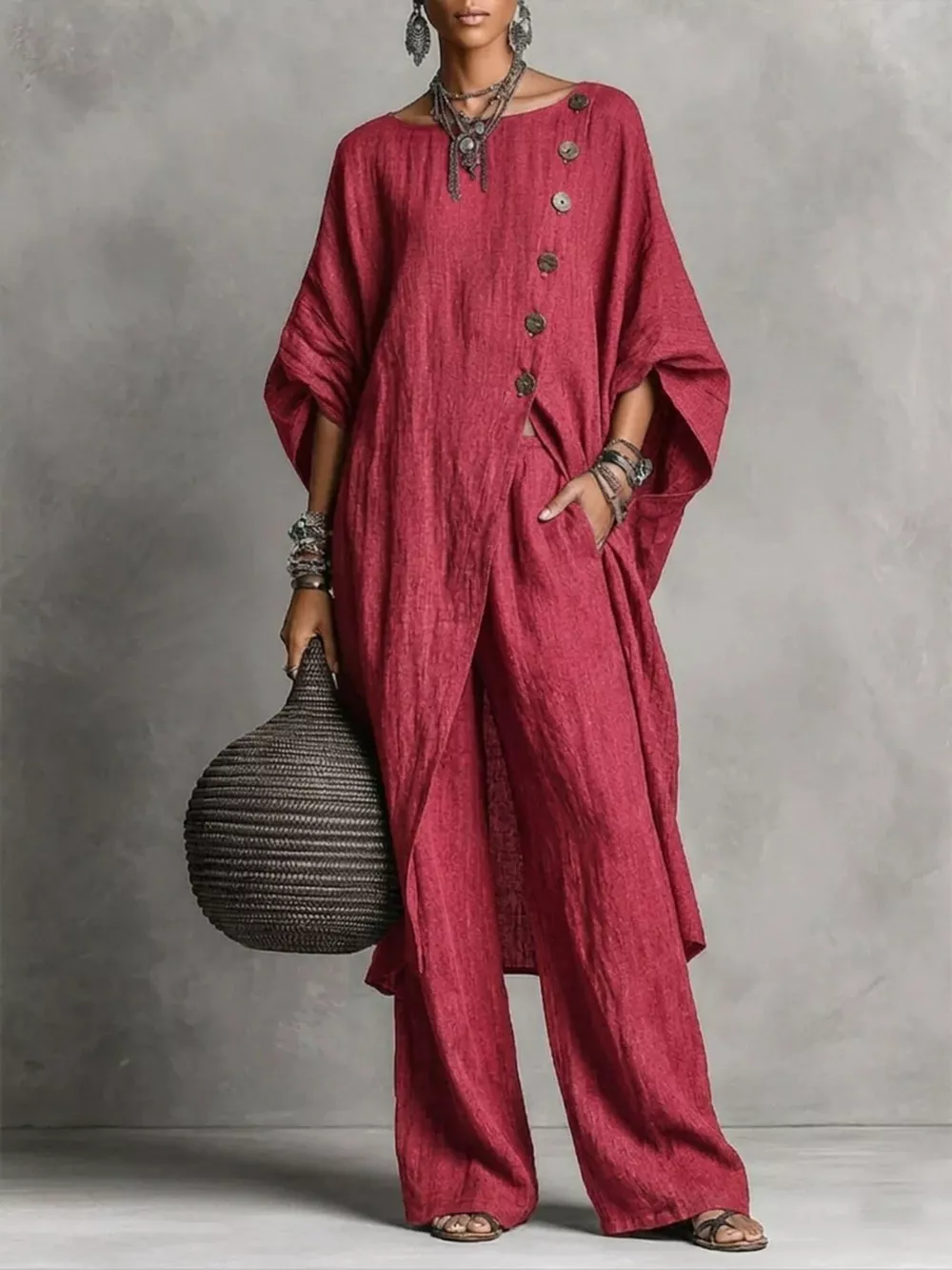 Full Size Asymmetric Button-Down Top and Wide-Leg Pants Set Plus Size, image 14