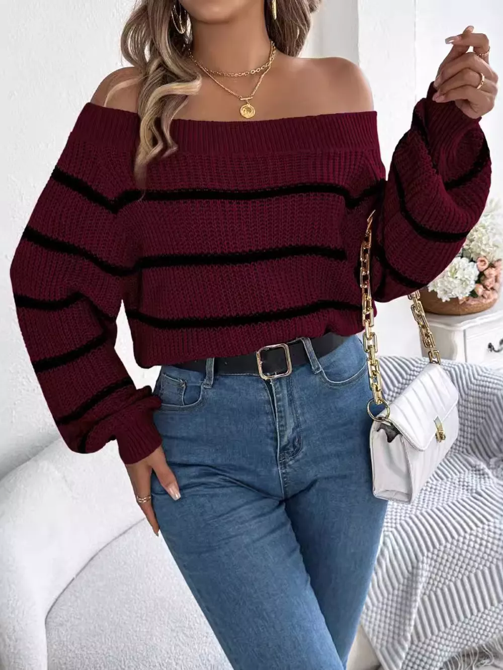 Off-Shoulder Striped Contrast Sweater, image 17