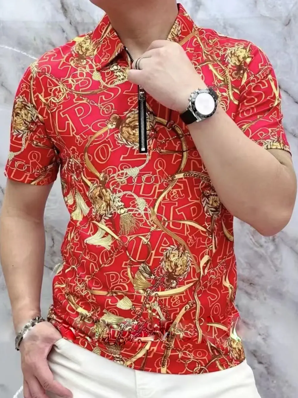 Men's Full Size Printed Quarter Zip Short Sleeve Polo Plus Size, image 2