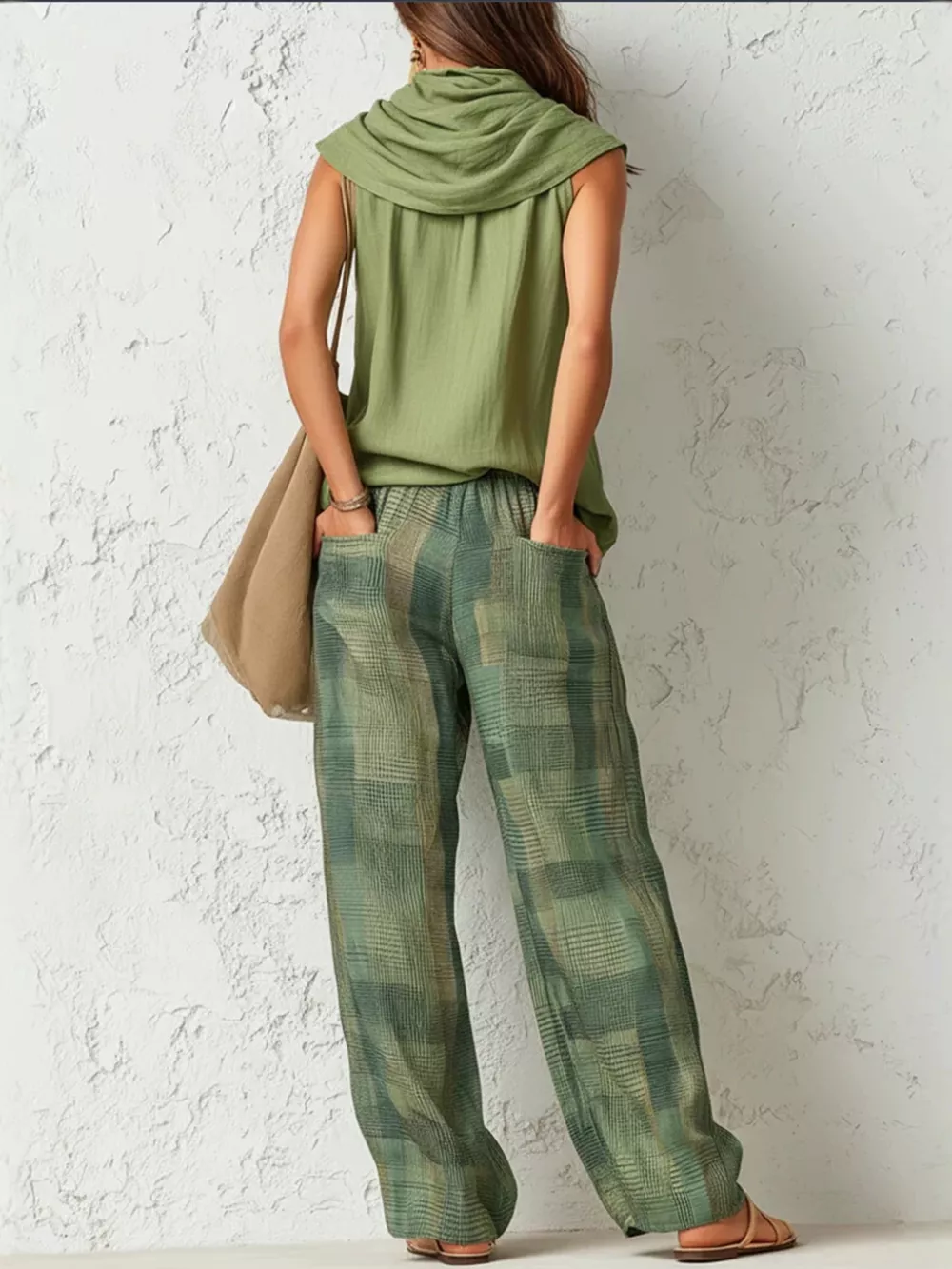 Sleeveless Cowl Neck Top and Plaid Wide-Leg Pant Set, image 2