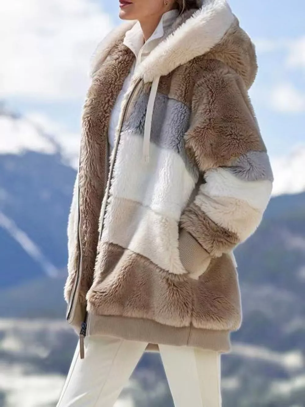 Full Size Fuzzy Zip Up Hooded Outerwear Plus Size, image 15