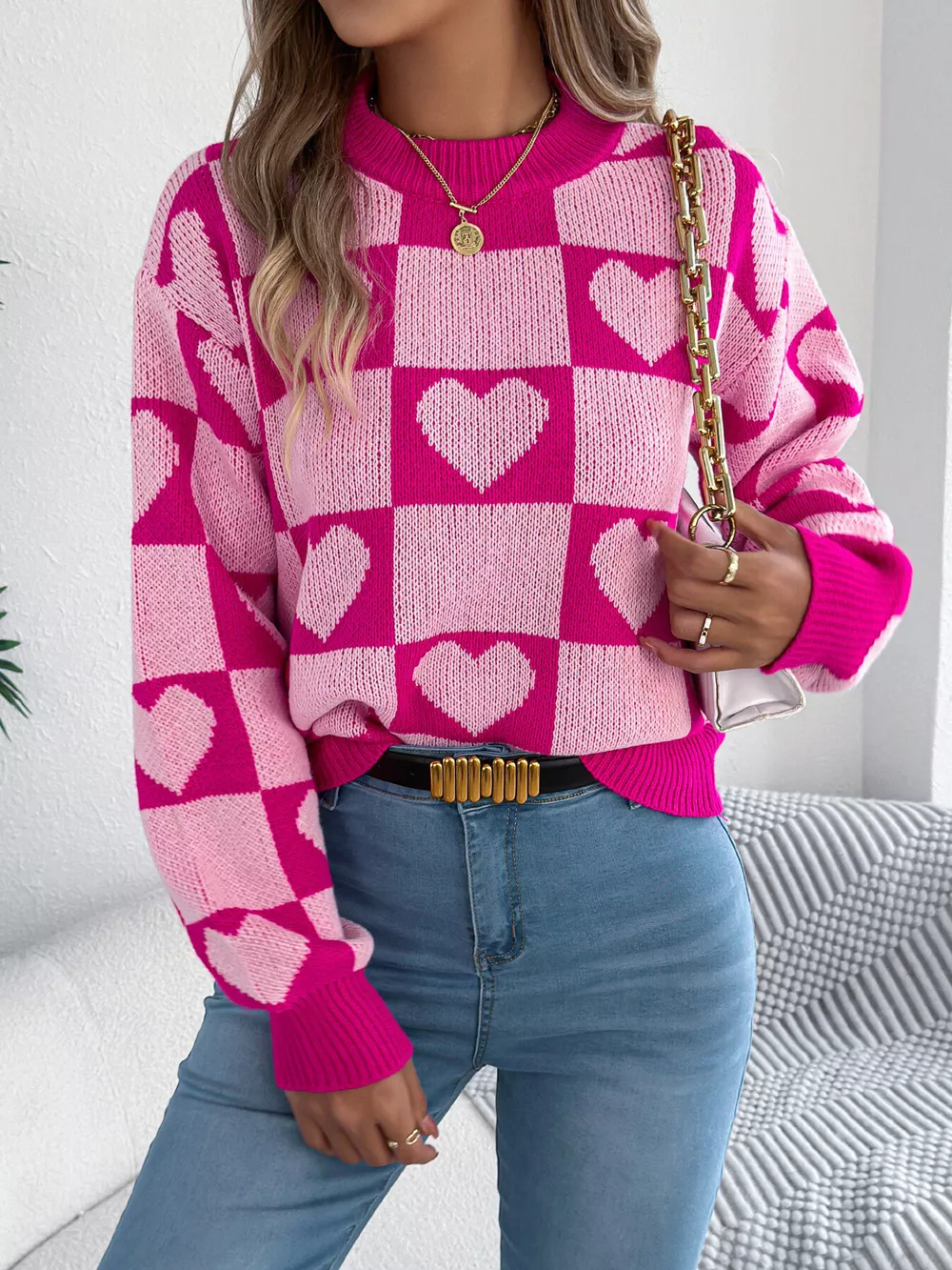 Heart Checkerboard Pattern Round Neck Sweater, image 9