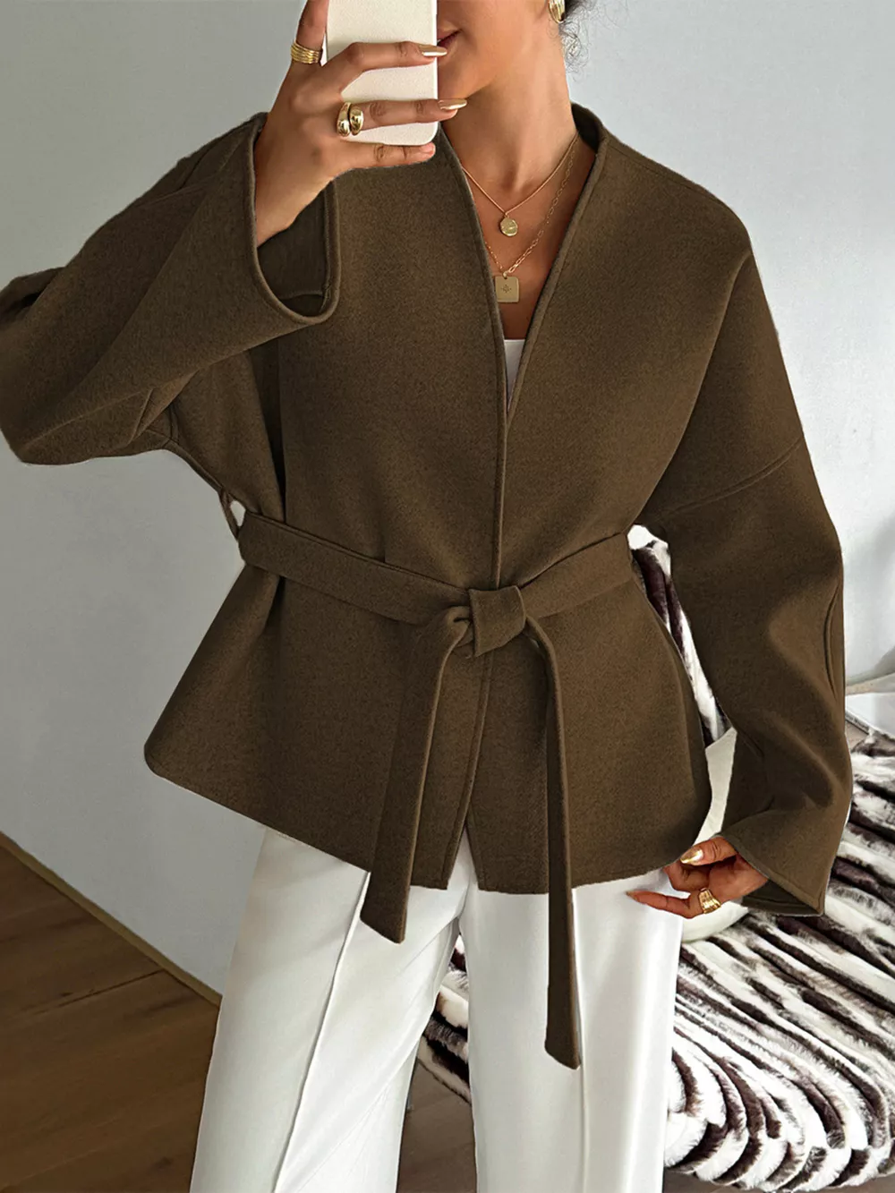 Surplice Dropped Shoulder Tie Belt Outerwear