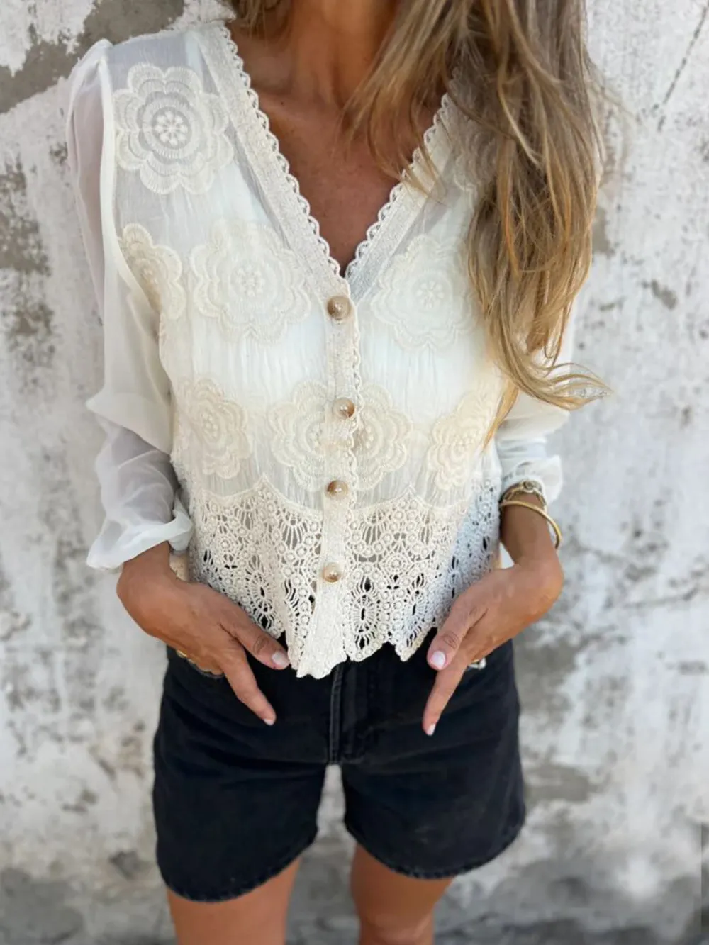 Lace V-Neck Button Down Shirt, image 3