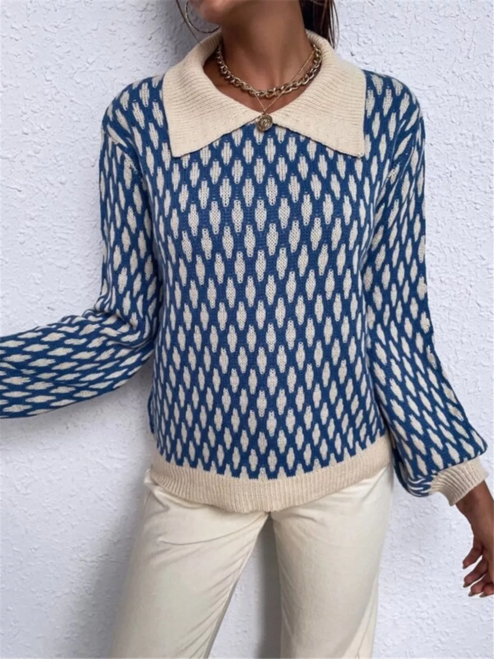 Diamond Pattern Peter Pan Collar Sweater, image 3