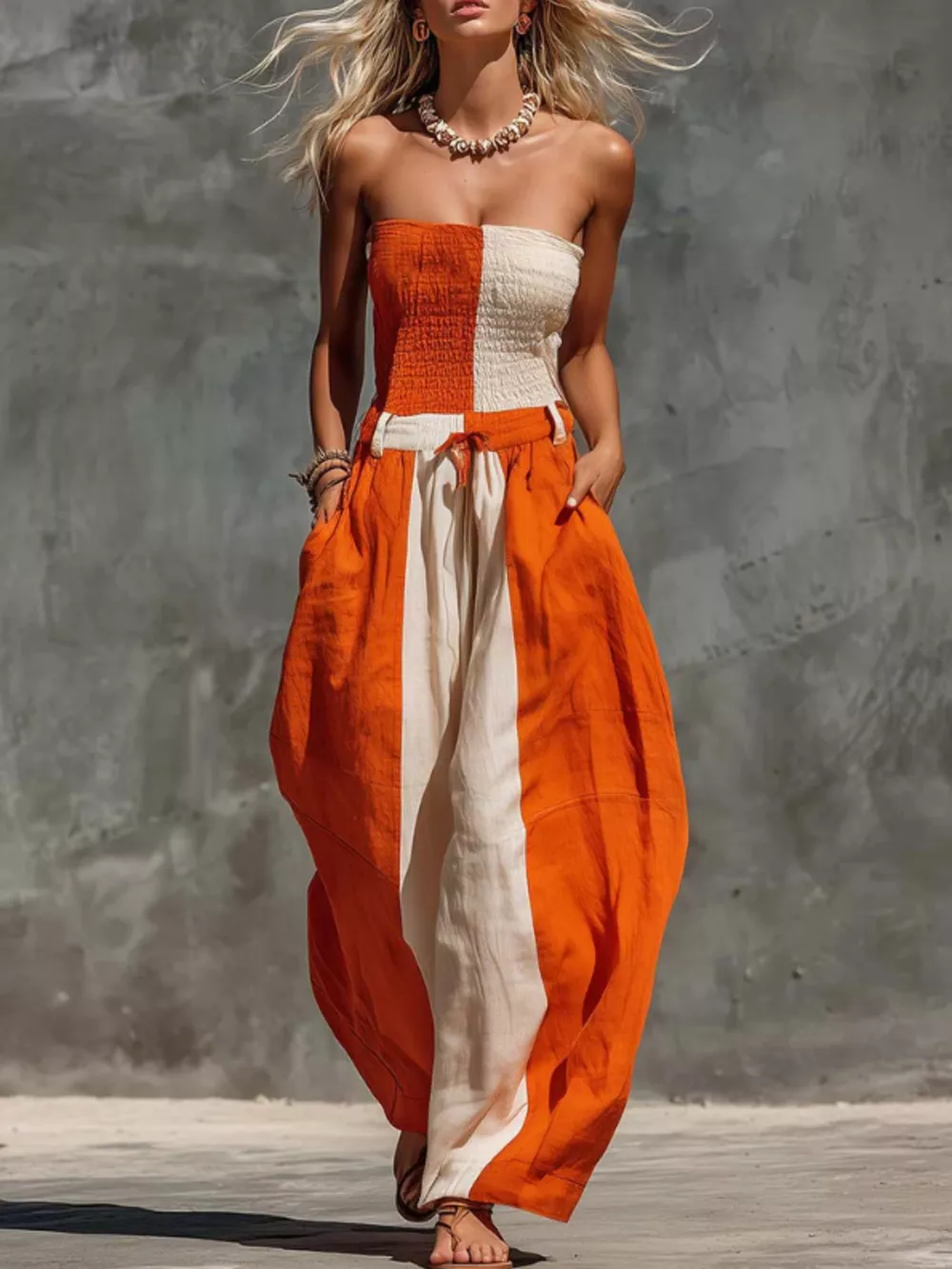 Color-Block Strapless Smocked Jumpsuit