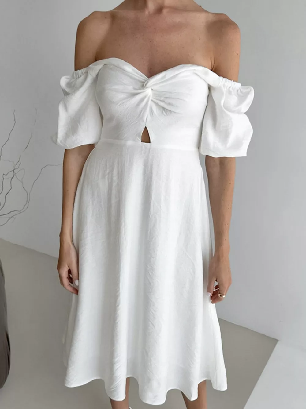 Twisted Front Puff Sleeve Midi Dress, image 13