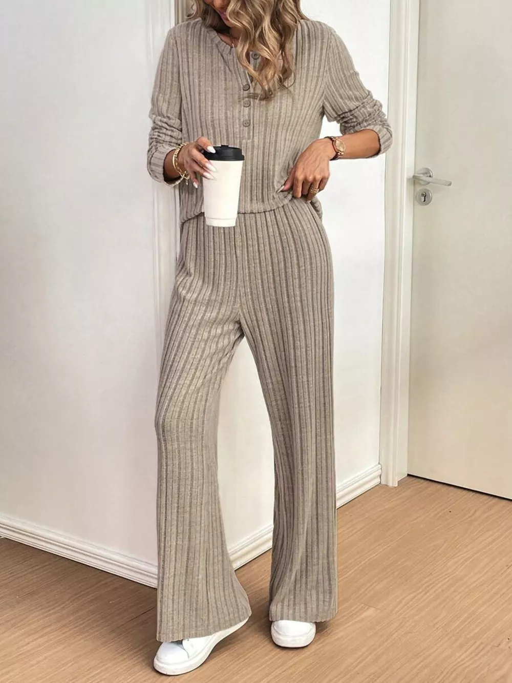 Button Detail Long Sleeve Top and Pants Set, image 3
