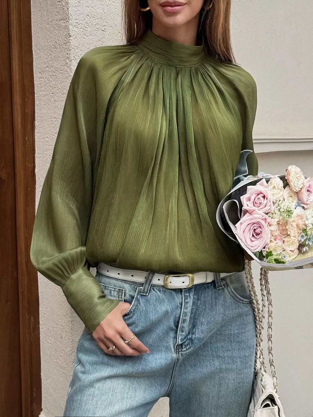 Mock Neck Lantern Sleeves Blouse, image 2