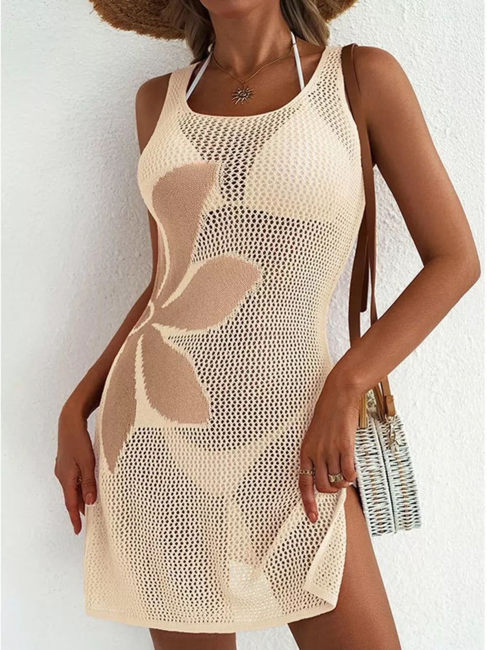 Side Slit Flower Crochet Knit Cover Up Dress, image 6