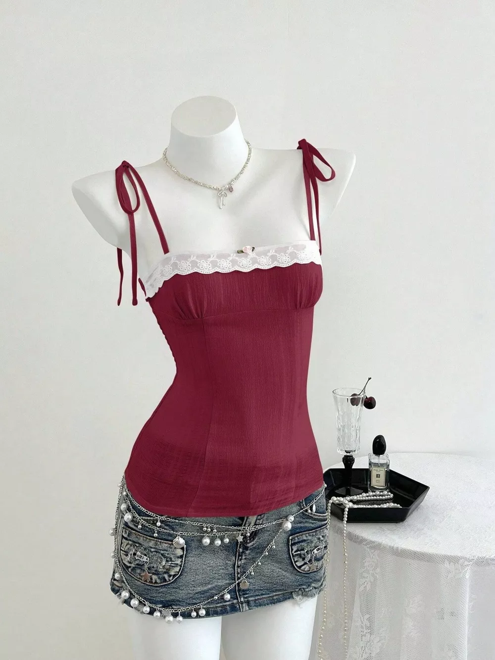 Lace-Trimmed Tie Shoulder Cami, image 6