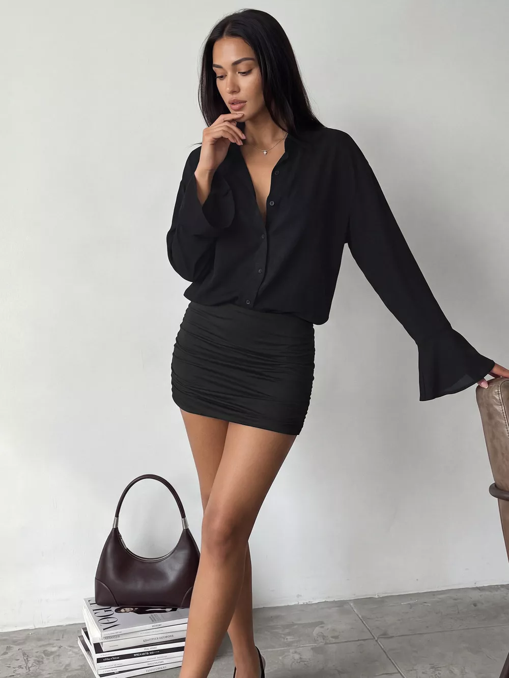 Button Front Flounce Sleeve Bodycon Shirt Dress, image 7