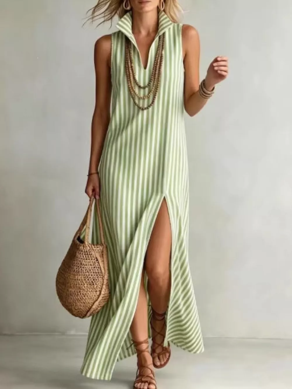 Full Size Striped Maxi Dress with High Slit Plus Size, image 3