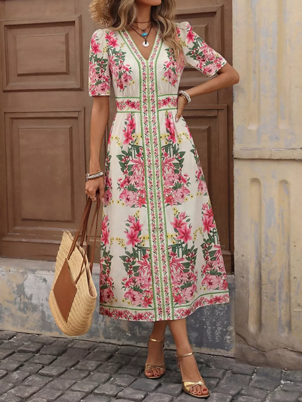 Floral Print V-Neck Midi Dress, image 4