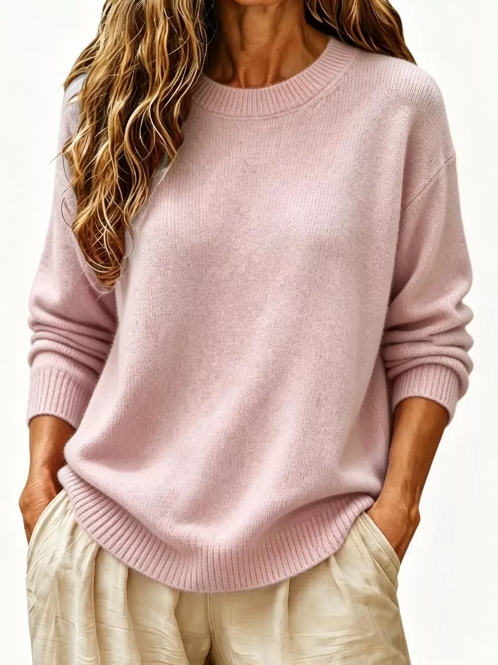 Full Size Round Neck Dropped Shoulder Sweater Plus Size, image 21