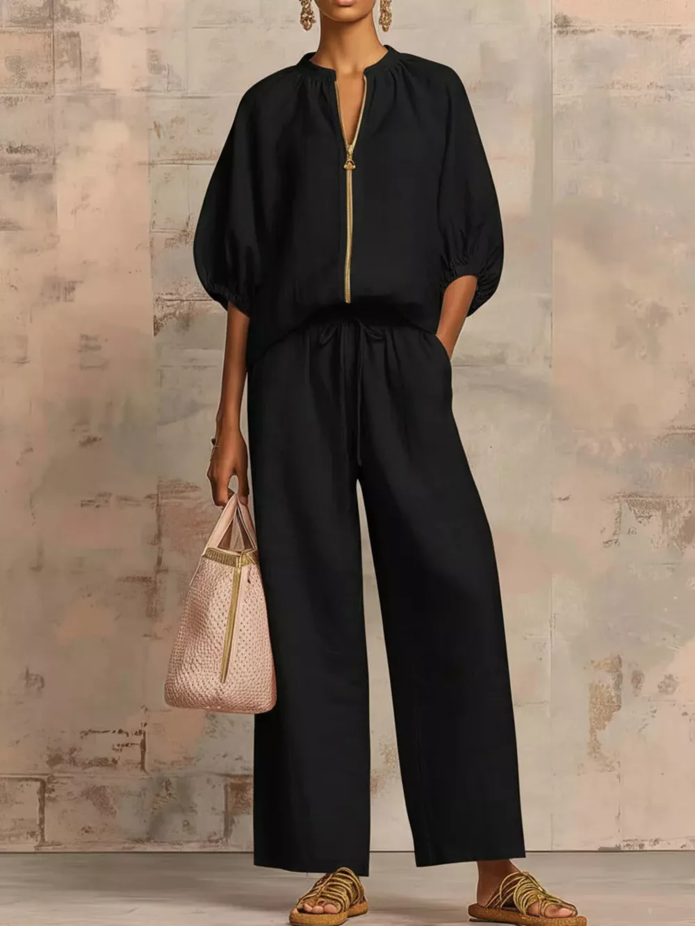 Full Size Zip-Front Top and Wide-Leg Pants Set Plus Size, image 10