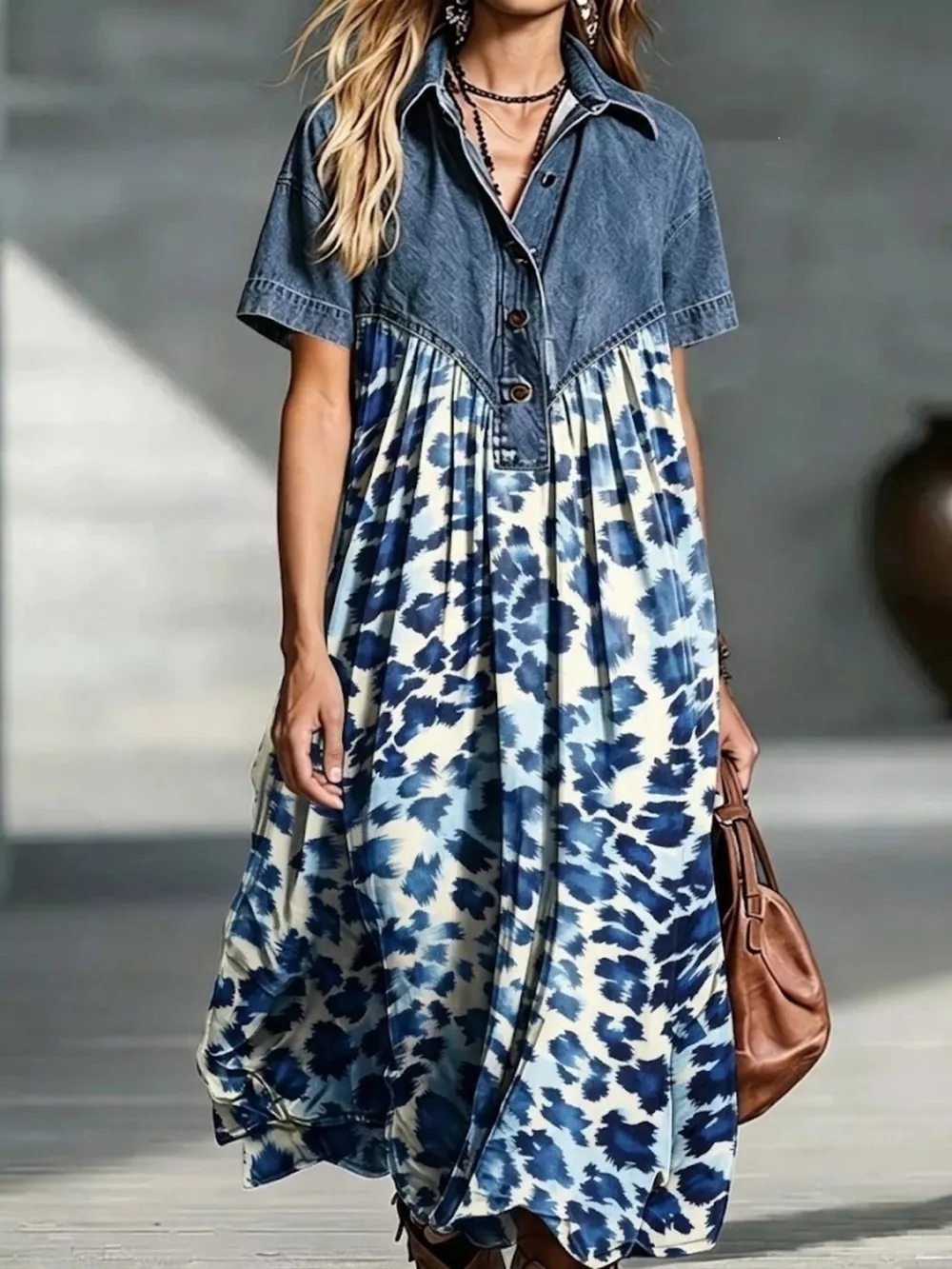 Full Size Denim Patchwork Printed Shirt Dress Plus Size, image 12