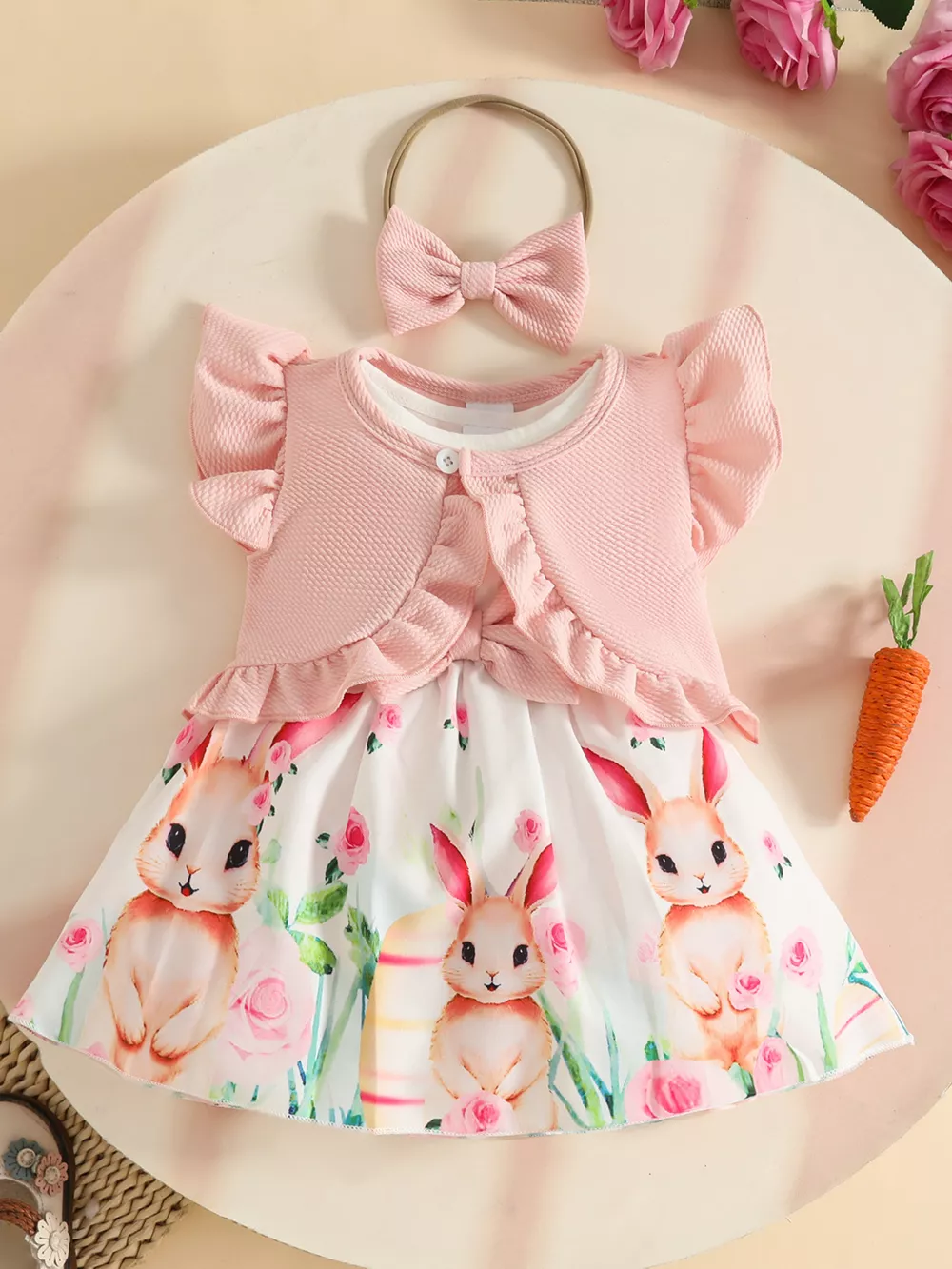 Children's Bunny Print Dress with Ruffle Cardigan & Headband Set, image 2