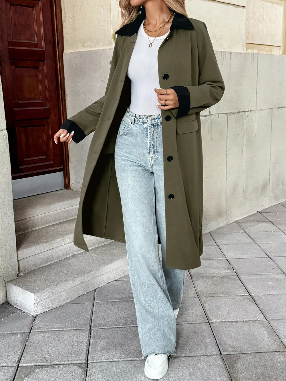 Contrast Collar Button Up Coat, image 11