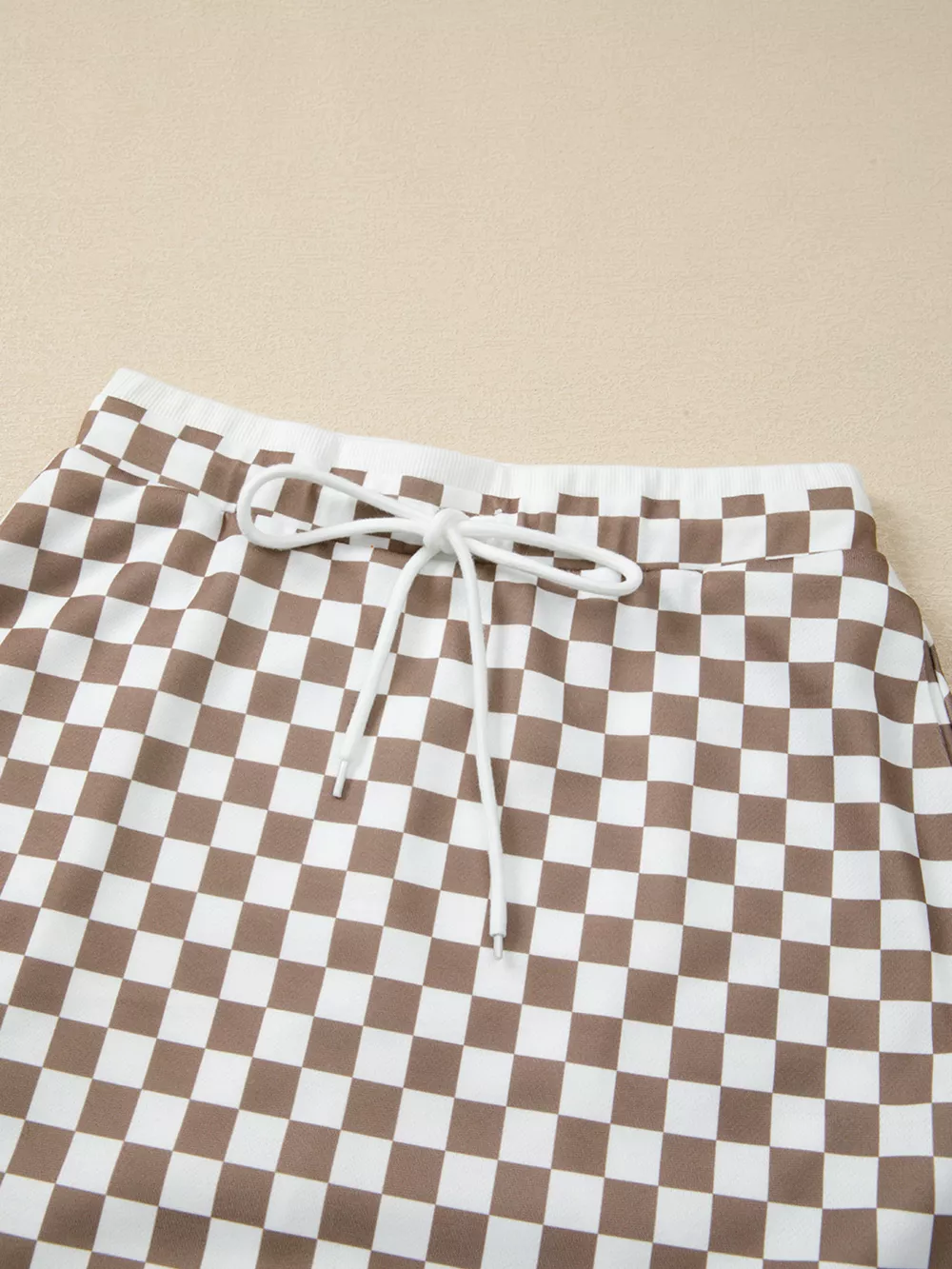 Checkered Print Polo Collar Cropped Long Sleeve Top and Drawstring Mini Skirt Set, image 10