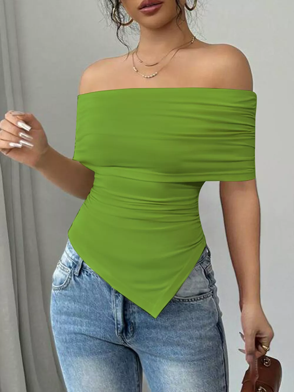 Off-Shoulder Ruched Asymmetrical Hem Top, image 12