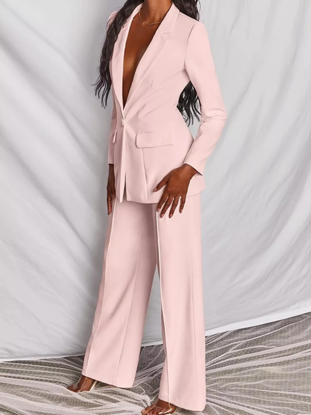 Full Size One Button Blazer and Wide-Leg Pants Set Plus Size, image 3
