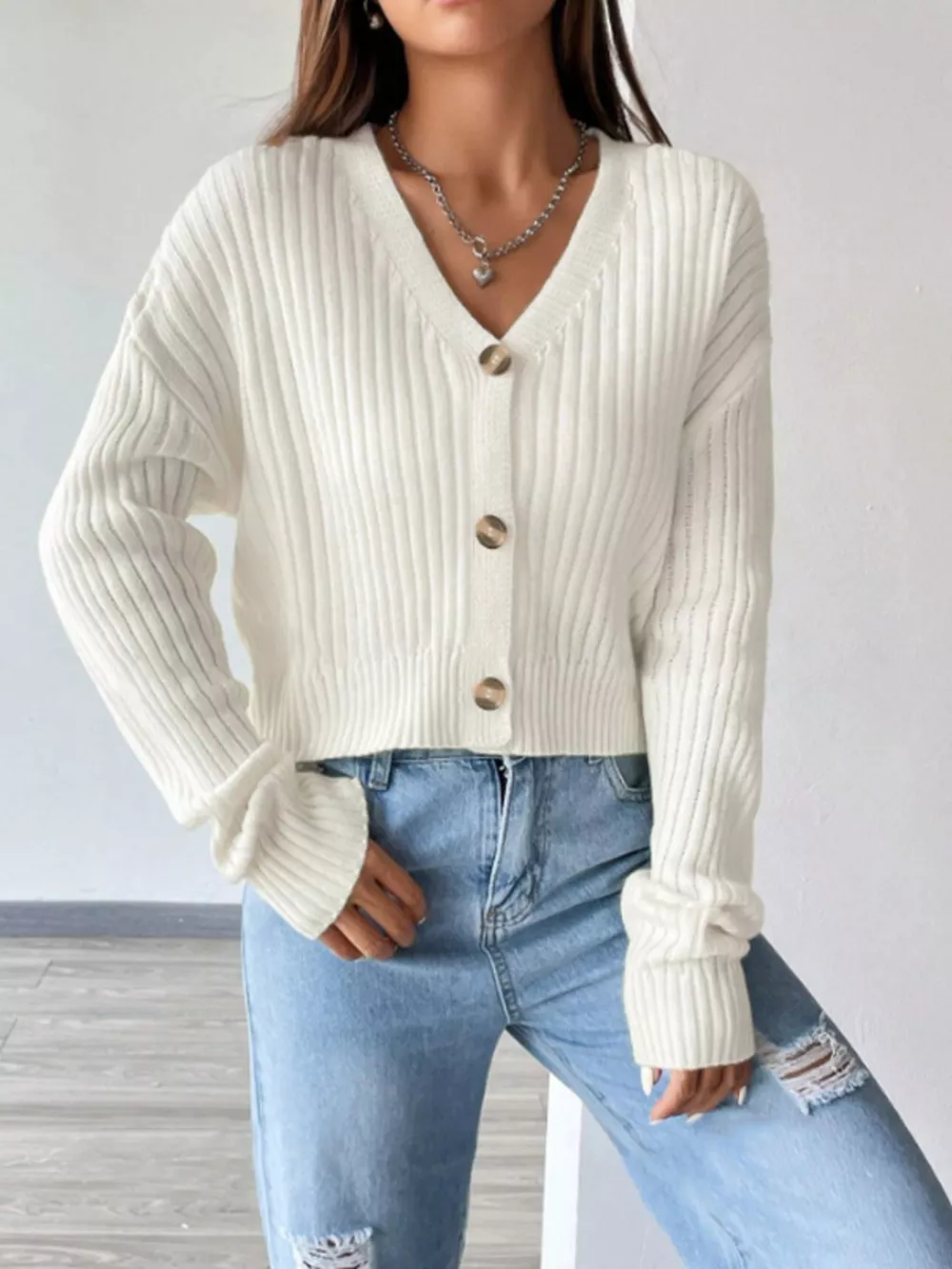 V-Neck Button-Up Cardigan, image 2