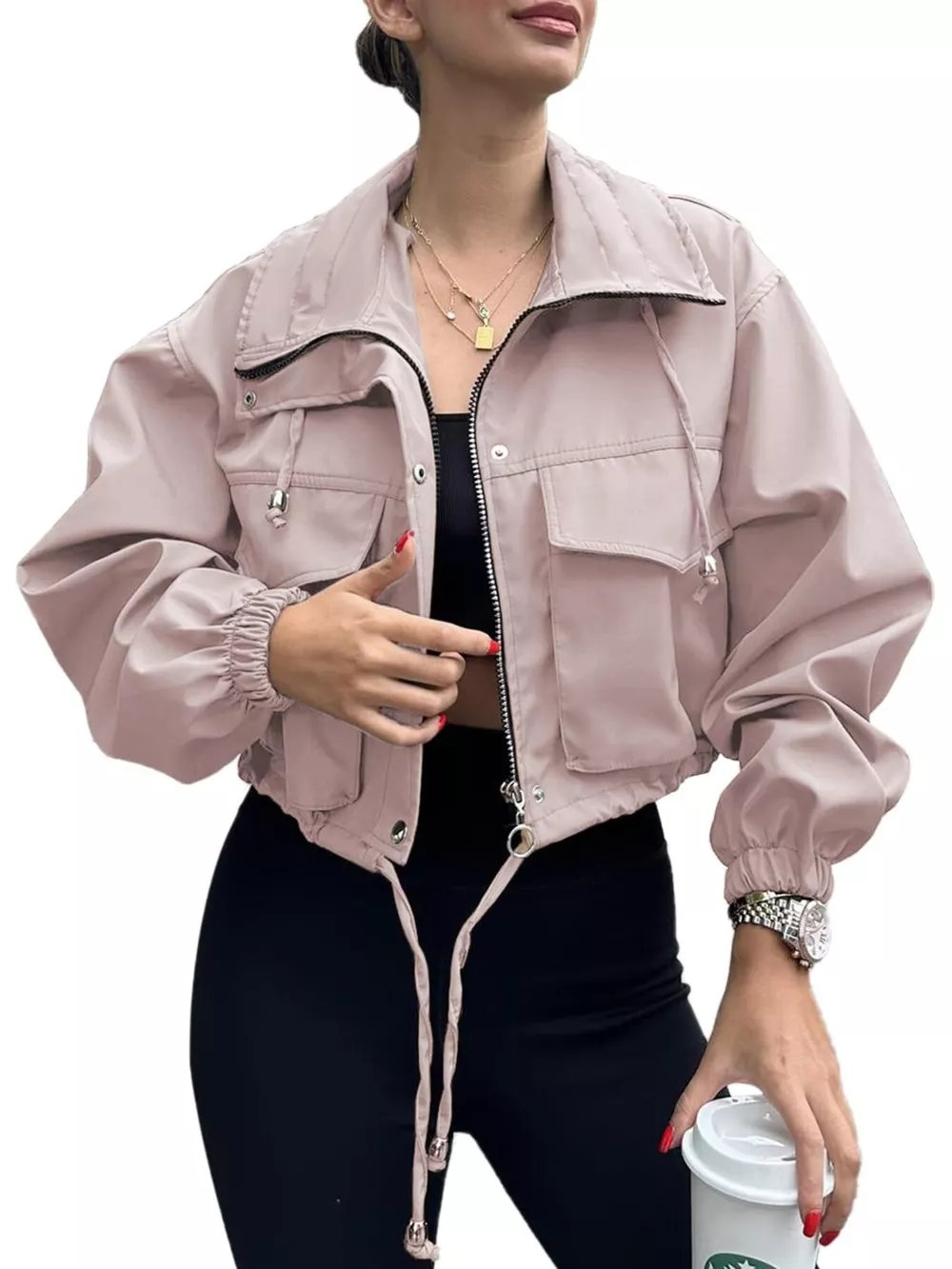 Drawstring Hem Zip Up Jacket, image 5