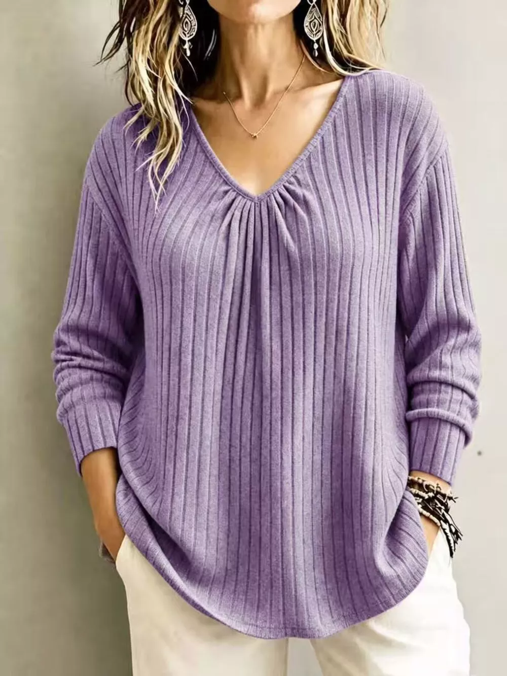 V-Neck Ribbed Long Sleeve T-Shirt, image 13