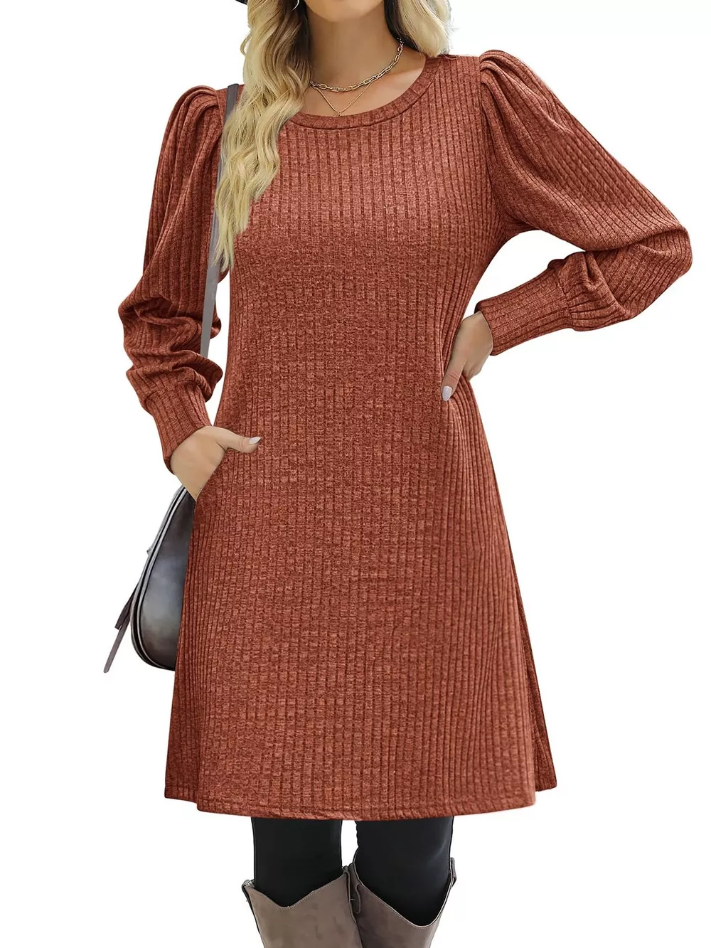 Ribbed Knit Puff Sleeve Casual Mini Dress, image 24